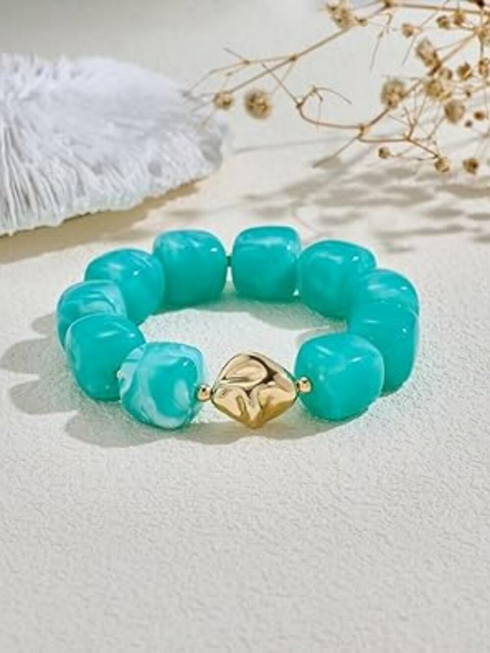 NEW Bead Bracelet Vibrant Turquoise Resin Beads Elastic Stretch Chunky Beach